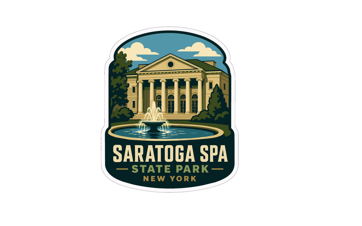 A sticker or emblem featuring the Saratoga Spa State Park in New York, with a fountain and classical building in the background.