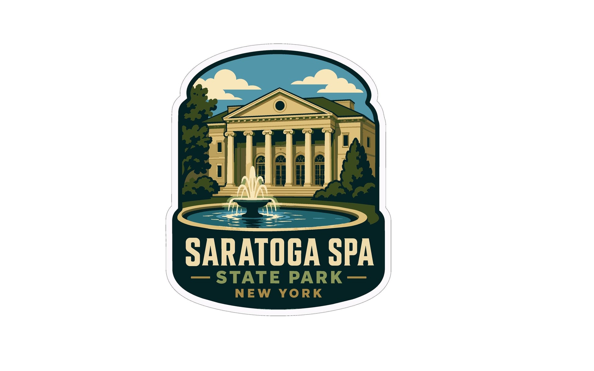 A sticker or emblem featuring the Saratoga Spa State Park in New York, with a fountain and classical building in the background.