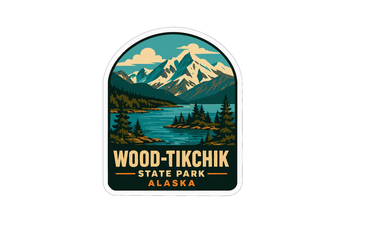 A sticker or label featuring a scenic landscape with mountains, pine trees, and a lake, with the text "WOOD-TIKCHIK STATE PARK ALASKA" prominently displayed.