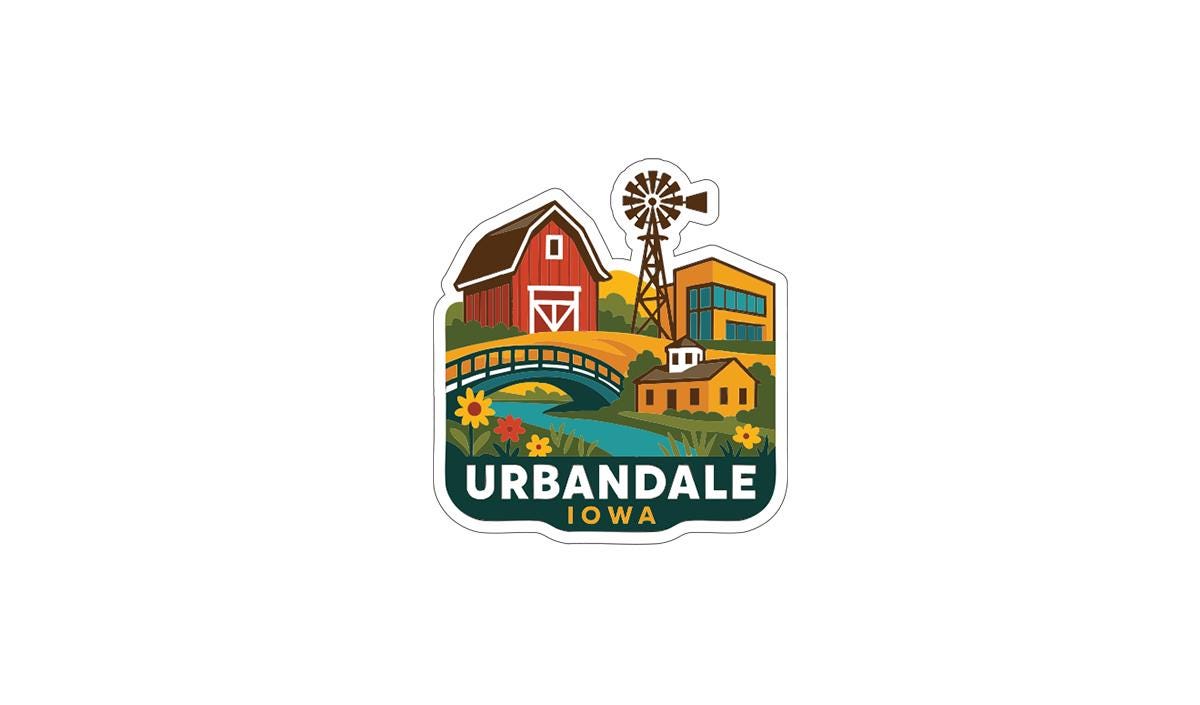 The image is a sticker or logo featuring a red barn, a windmill, a bridge, and a river, with the text "URBANDALE IOWA" prominently displayed.