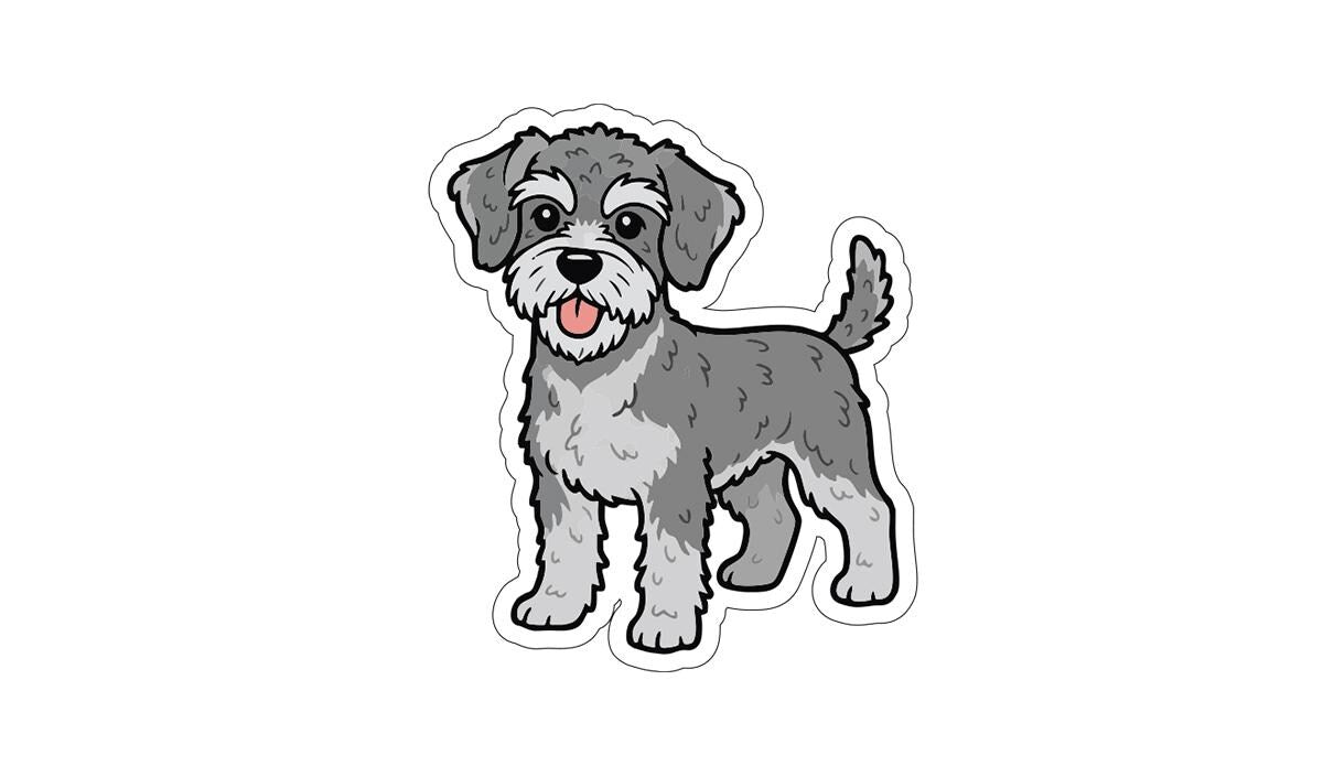 A cartoon illustration of a small, gray dog with a friendly expression.