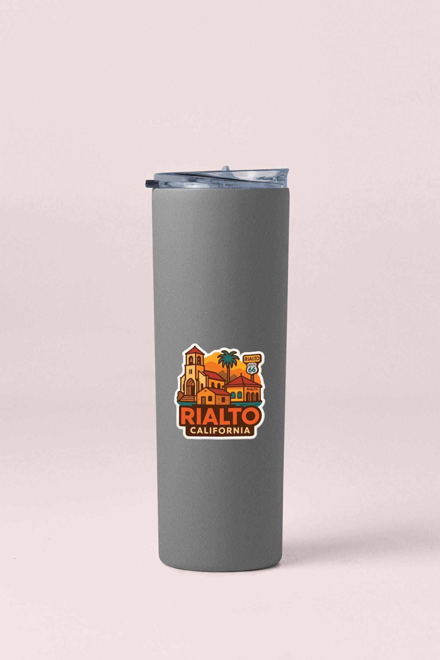 A gray insulated tumbler with a printed logo of Rialto, California.