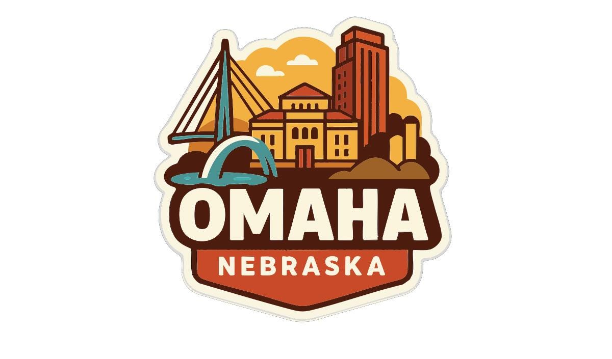 a stylized illustration of the Omaha, Nebraska skyline, including a bridge, buildings, and a river.