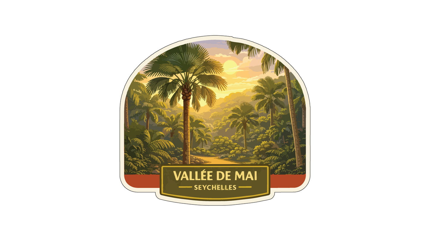 a tropical forest scene with palm trees and a sunset in the background.