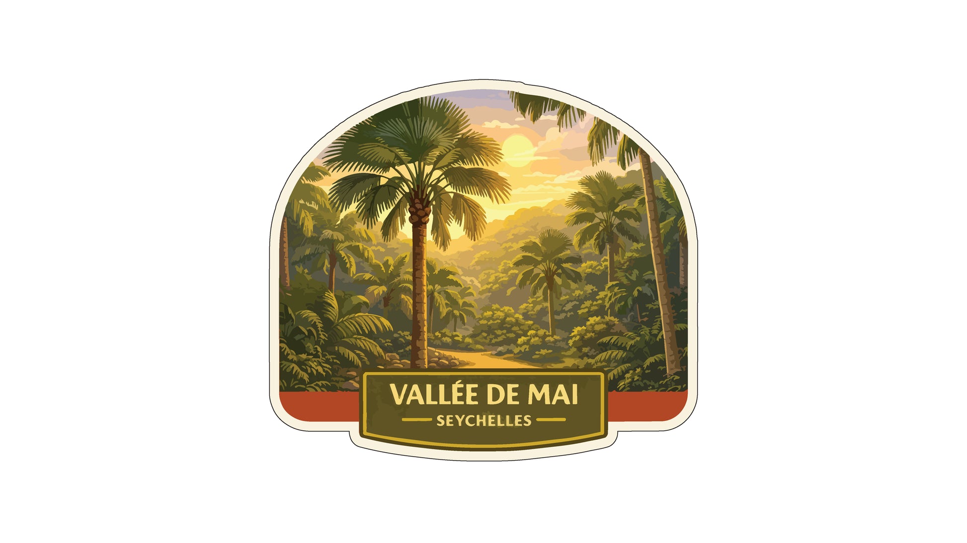 a tropical forest scene with palm trees and a sunset in the background.