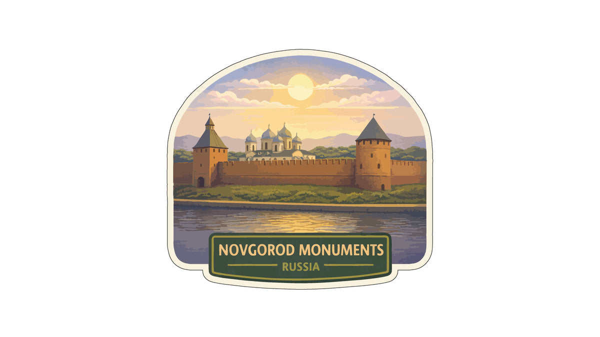 a castle with towers and a moat, set against a backdrop of a sunset over a body of water. The text "NOVOROD MONUMENTS RUSSIA" is displayed below the castle, indicating the location of the monument.