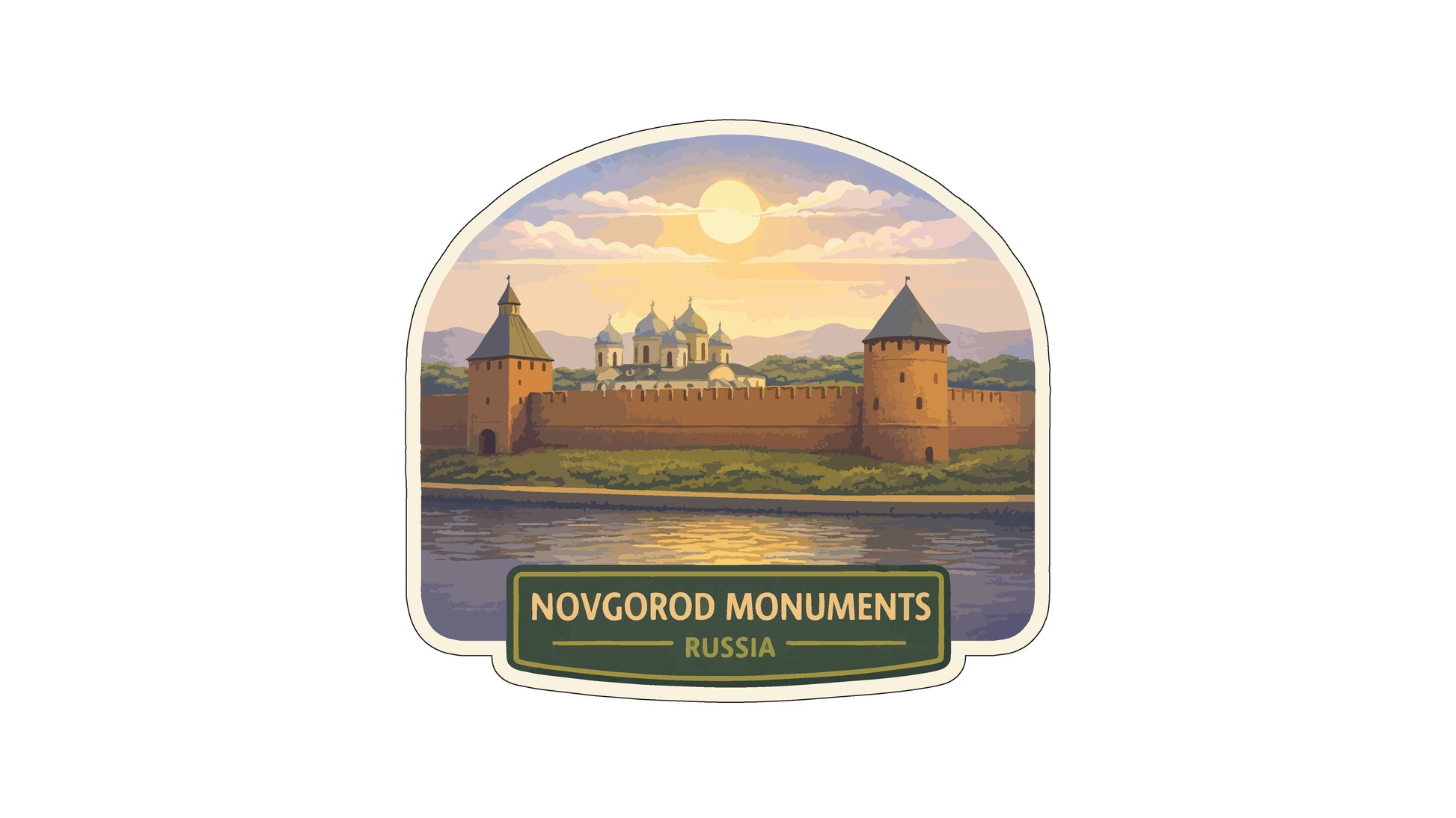 a castle with towers and a moat, set against a backdrop of a sunset over a body of water. The text "NOVOROD MONUMENTS RUSSIA" is displayed below the castle, indicating the location of the monument.