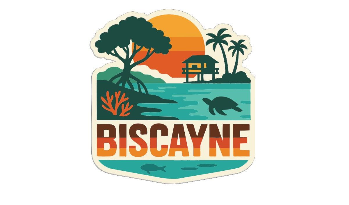 A sticker or emblem featuring a tropical beach scene with palm trees, a sunset, a hut, and a turtle swimming in the water. The text "BISCAYNE" is prominently displayed in the center of the image.