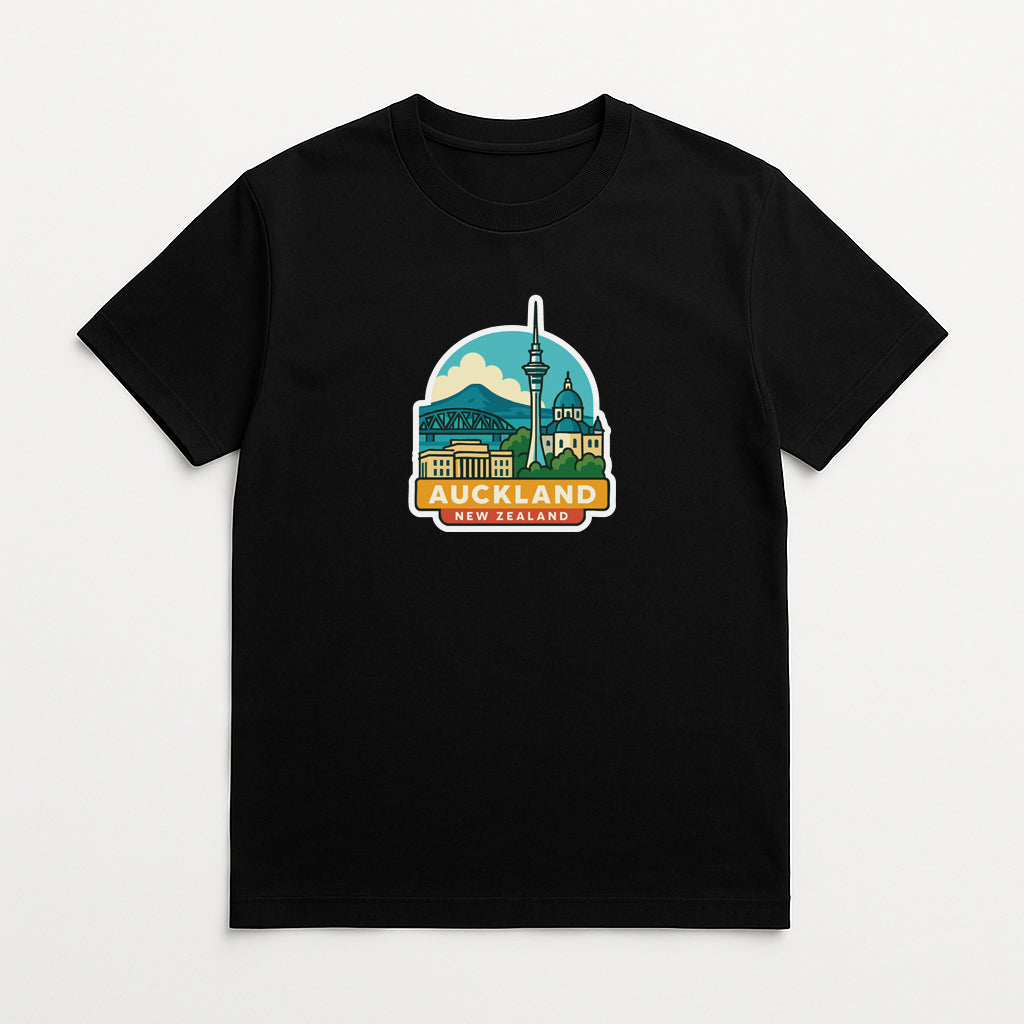 A black t-shirt with a graphic design depicting the iconic Auckland Tower and surrounding cityscape.