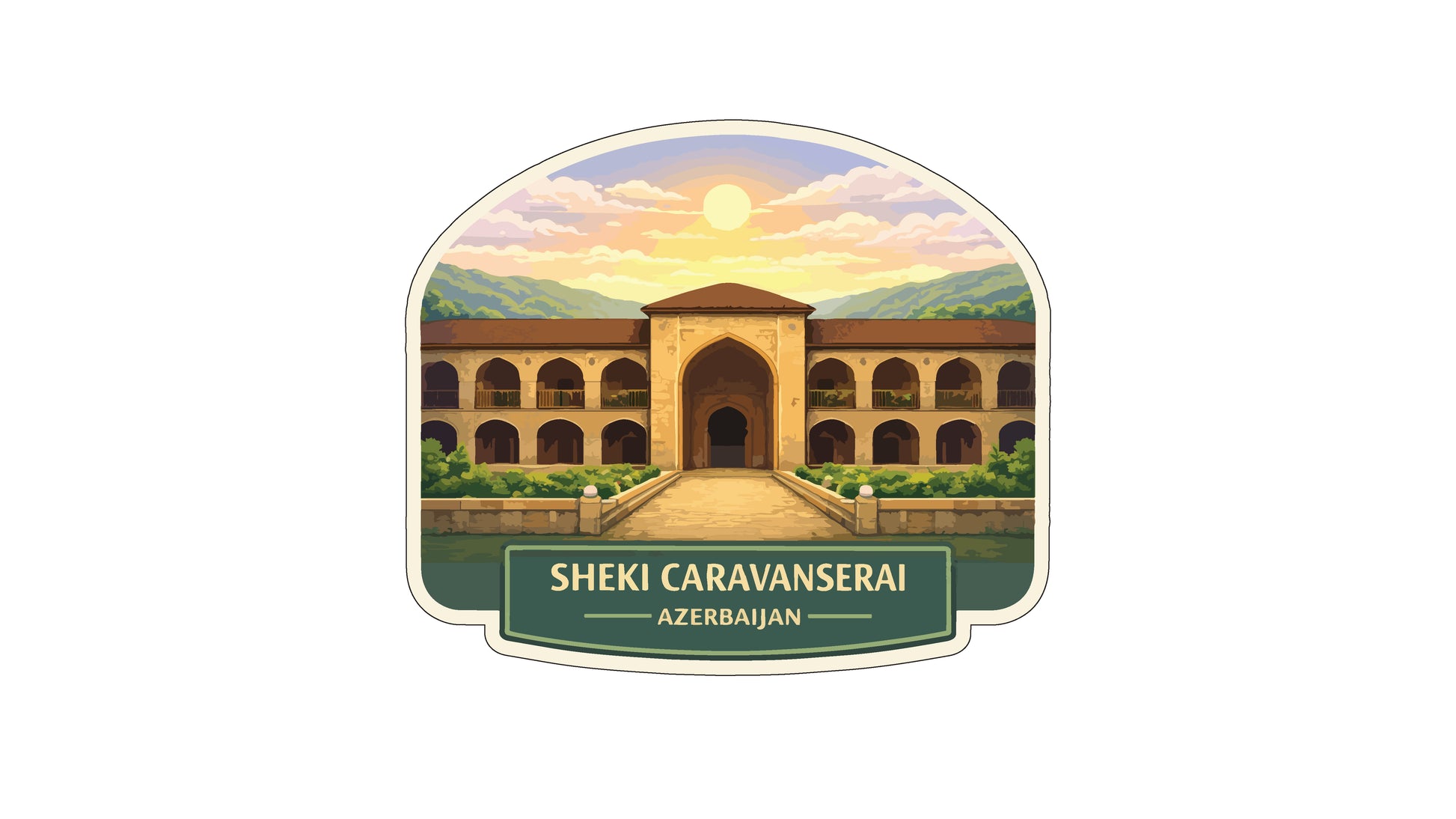 a large, multi-story building with arched windows and a central entrance, set against a backdrop of a sunset and mountains. The text "SHEKI CARAVANSERAI" is displayed below the building, indicating the location.