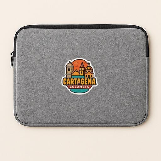 A gray laptop sleeve with a circular logo that says "Cartagena, Colombia".