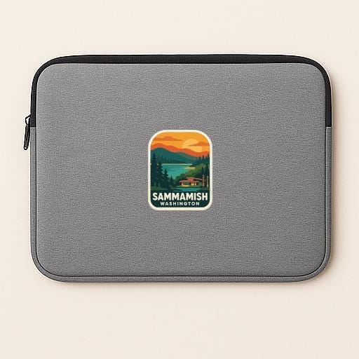 A gray laptop sleeve with a sticker featuring a scenic landscape and the text "SAMMAISH WASHINGTON".