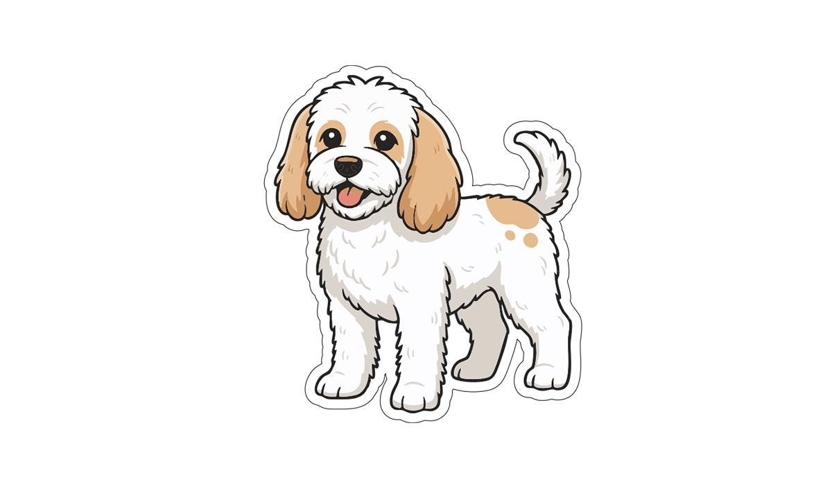 A cartoon illustration of a small, white dog with brown spots on its ears and tail.