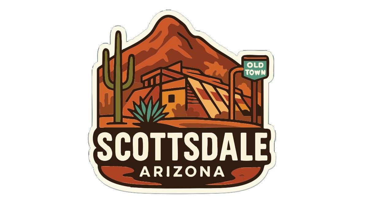 A sticker or emblem featuring a desert landscape with a cactus, mountains, and a sign that says "OLD TOWN" in the background.