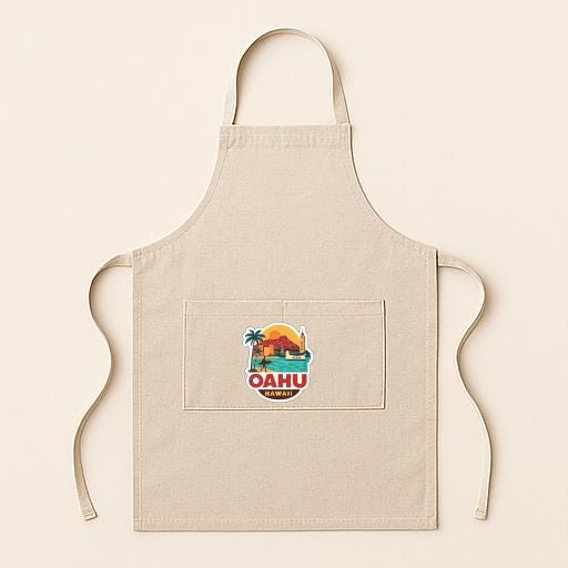 A beige apricot with a graphic of a tropical beach and the word "Oahu" printed on it.