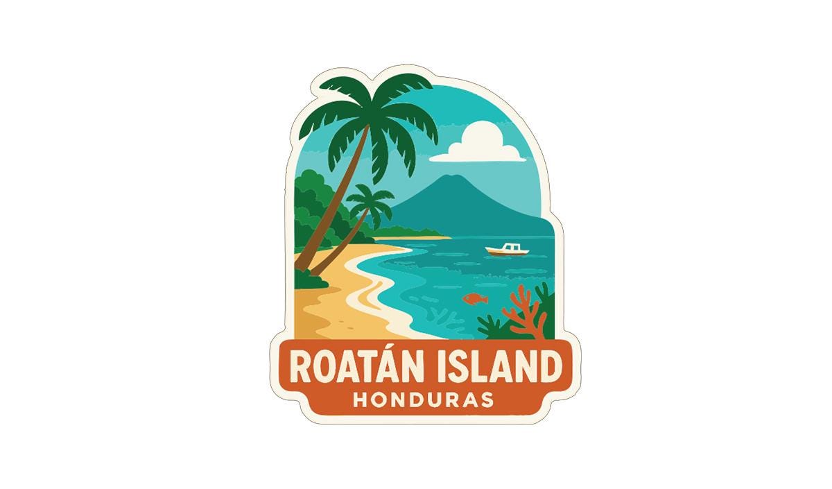 A sticker or logo depicting a tropical beach scene with palm trees, a boat, and a mountain in the background, along with the text "Roatán Island Honduras".