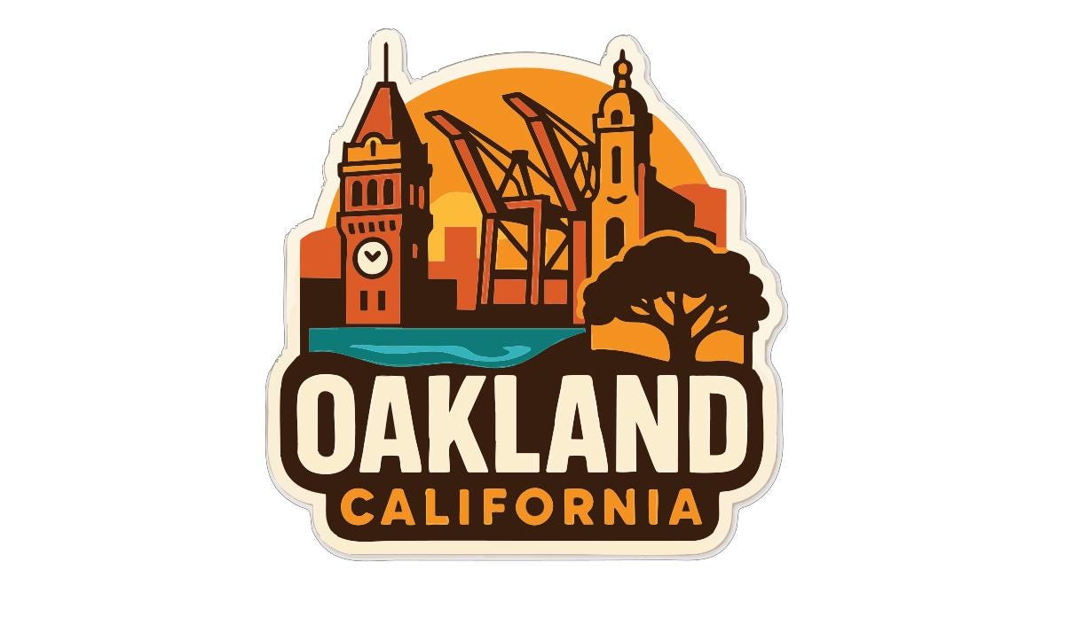 a stylized illustration of a city skyline with a clock tower, a crane, and a tree, along with the text " Oakland California" prominently displayed.