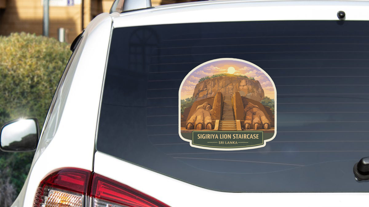 a sticker on the rear window of a car, depicting the Sigiriya Lion Staircase in Sri Lanka.