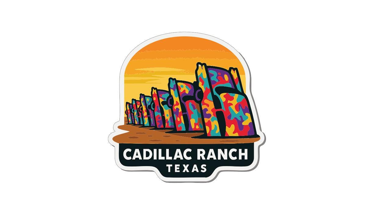 A sticker or logo depicting the Cadillac Ranch in Texas, featuring a colorful, abstract design with a sunset-like background.