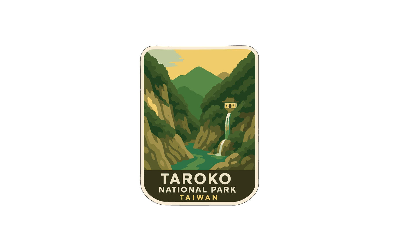 A sticker or emblem depicting a scenic landscape with mountains, a waterfall, and a house, representing the Tarooko National Park in Taiwan.