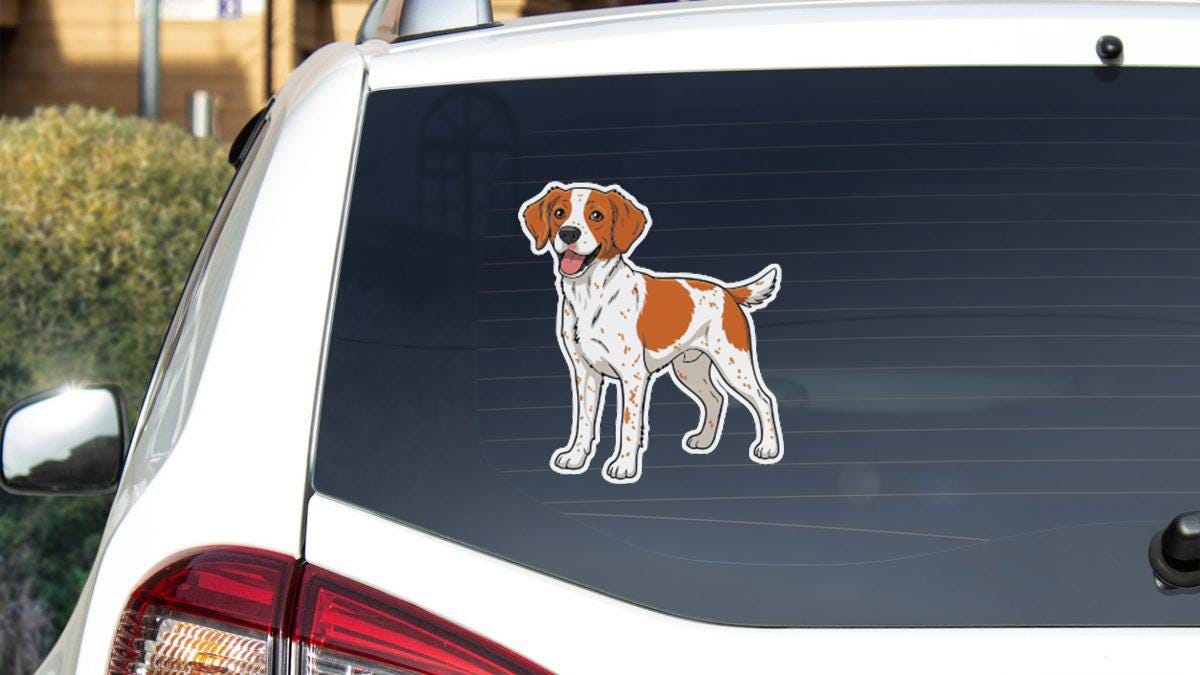 a sticker of a dog on the rear window of a car.
