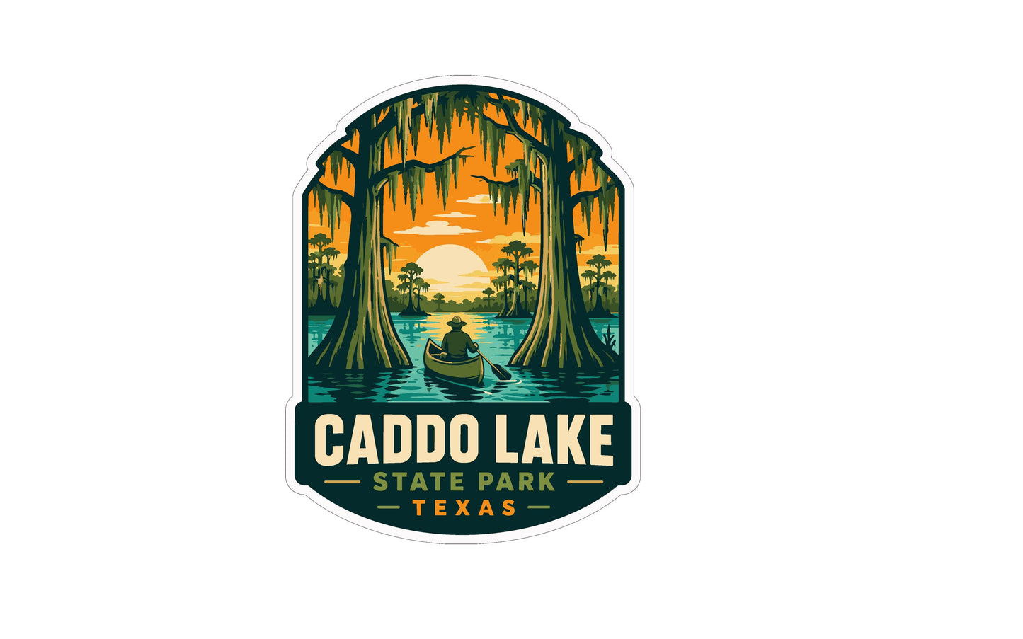 A sticker or label featuring a person in a canoe on the water, with a sunset and trees in the background, representing the Caddo Lake State Park in Texas.