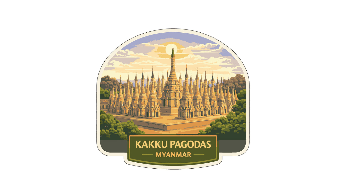 A sticker or label featuring the Kaku Pagodas, a famous Buddhist temple complex in Myanmar. The image depicts the pagodas in a stylized and colorful manner, showcasing the architectural beauty of this landmark.