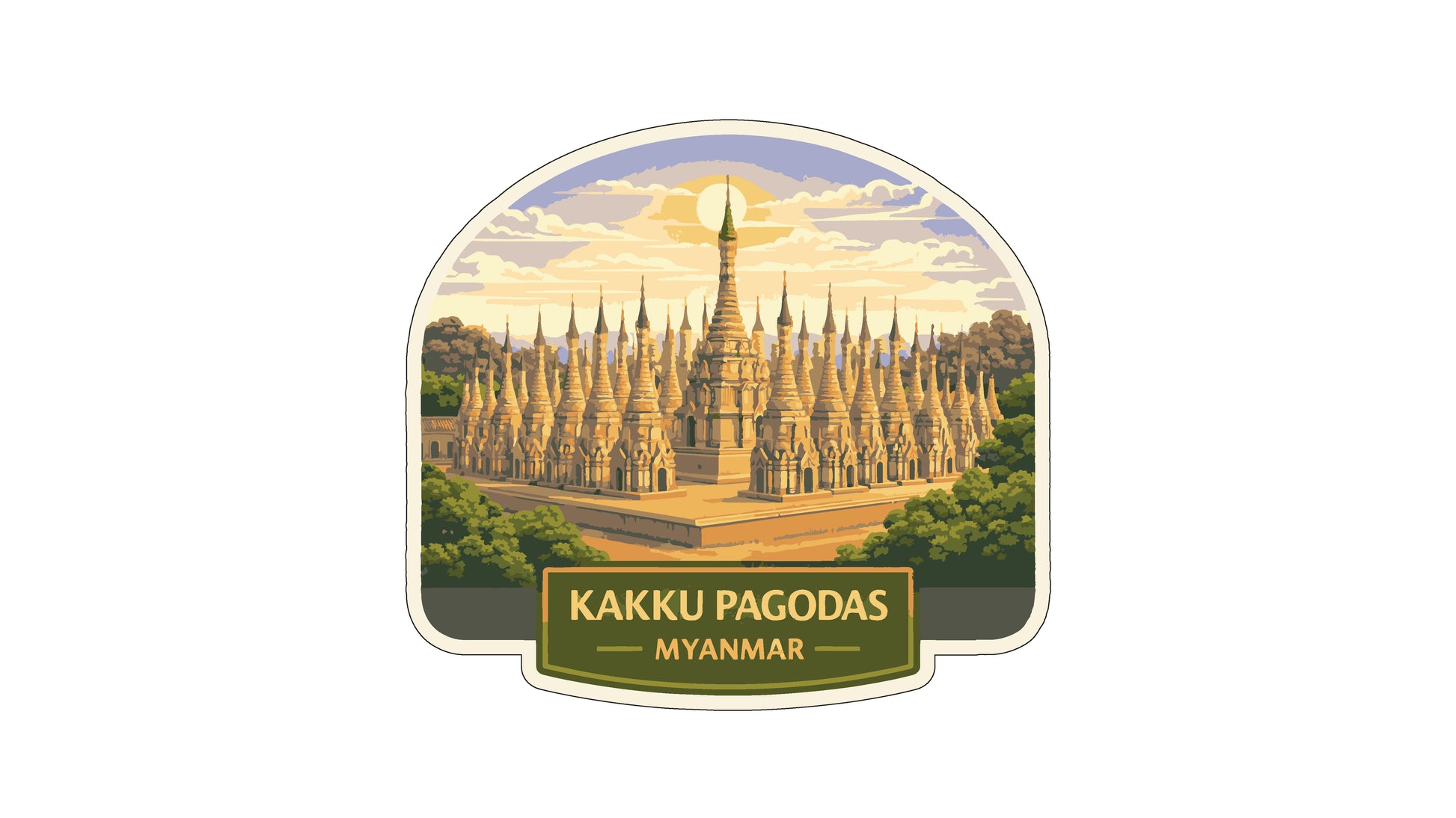 A sticker or label featuring the Kaku Pagodas, a famous Buddhist temple complex in Myanmar. The image depicts the pagodas in a stylized and colorful manner, showcasing the architectural beauty of this landmark.