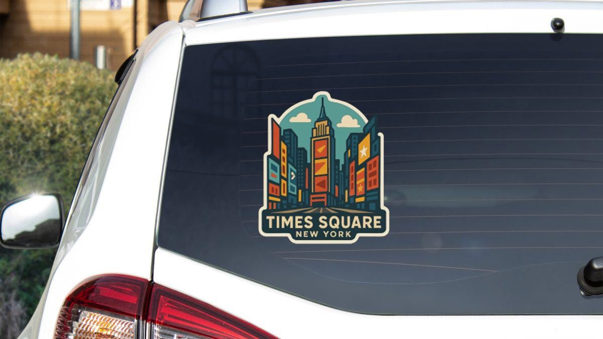 A sticker on the rear window of a vehicle that says "Times Square New York".