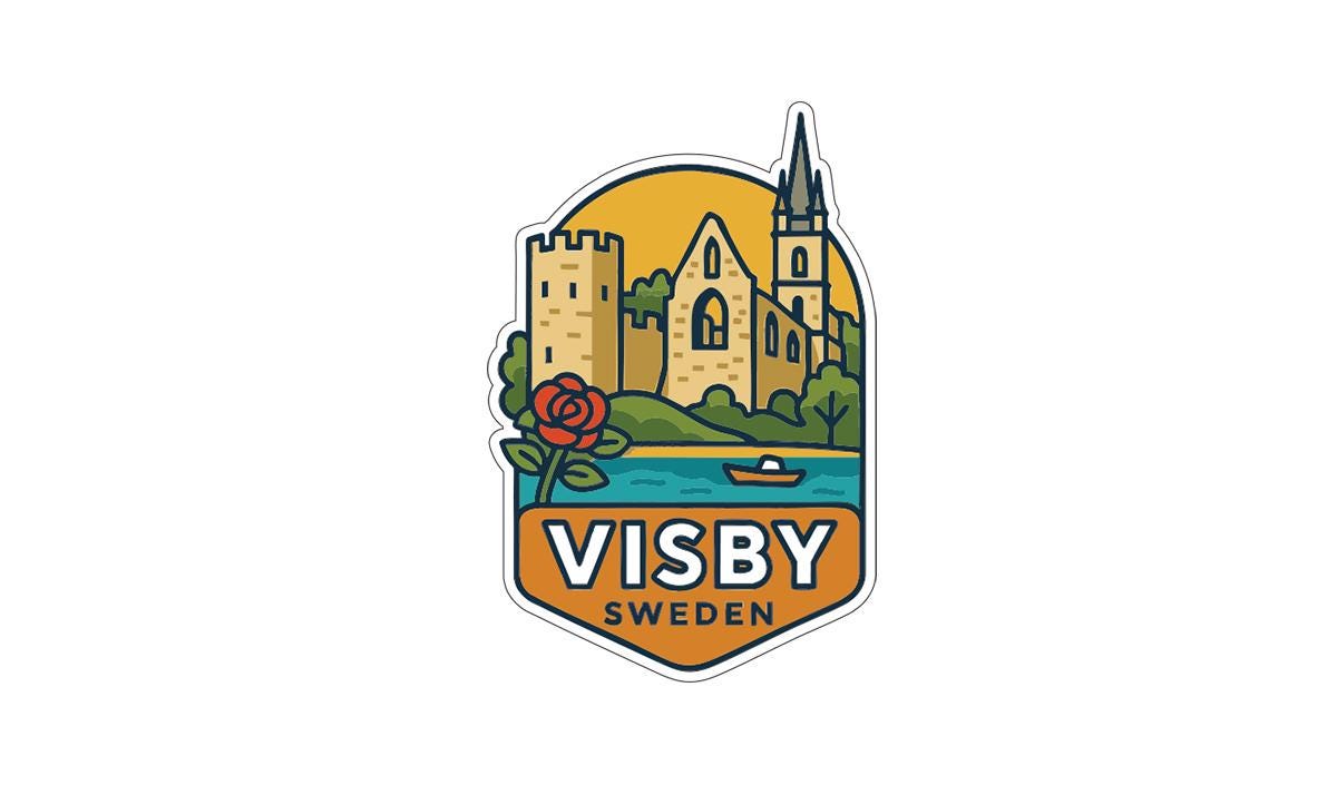 A sticker or emblem featuring a castle, a rose, and a boat, with the text "VISBY SWEDEN" prominently displayed.