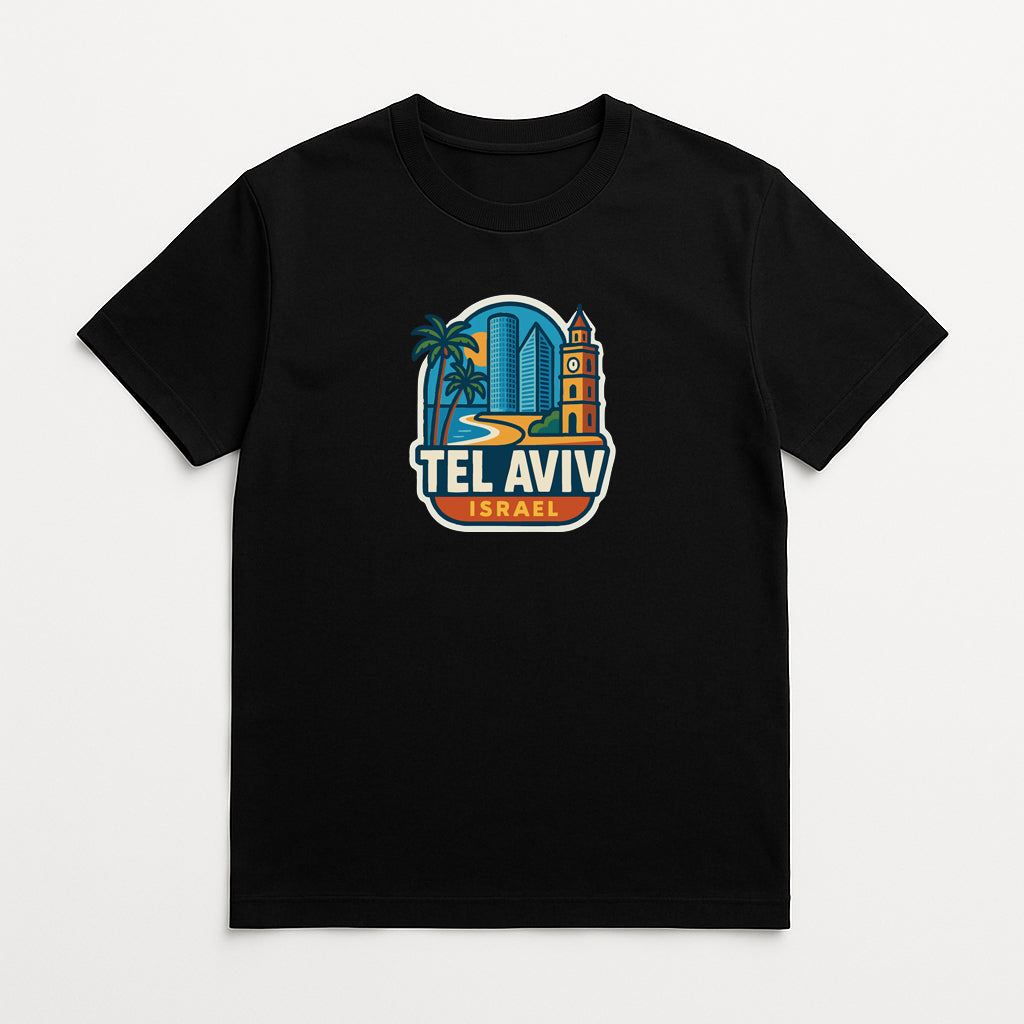 A black t-shirt with a graphic design depicting a cityscape and the text "TEL AVIV ISRAEL" printed on it.