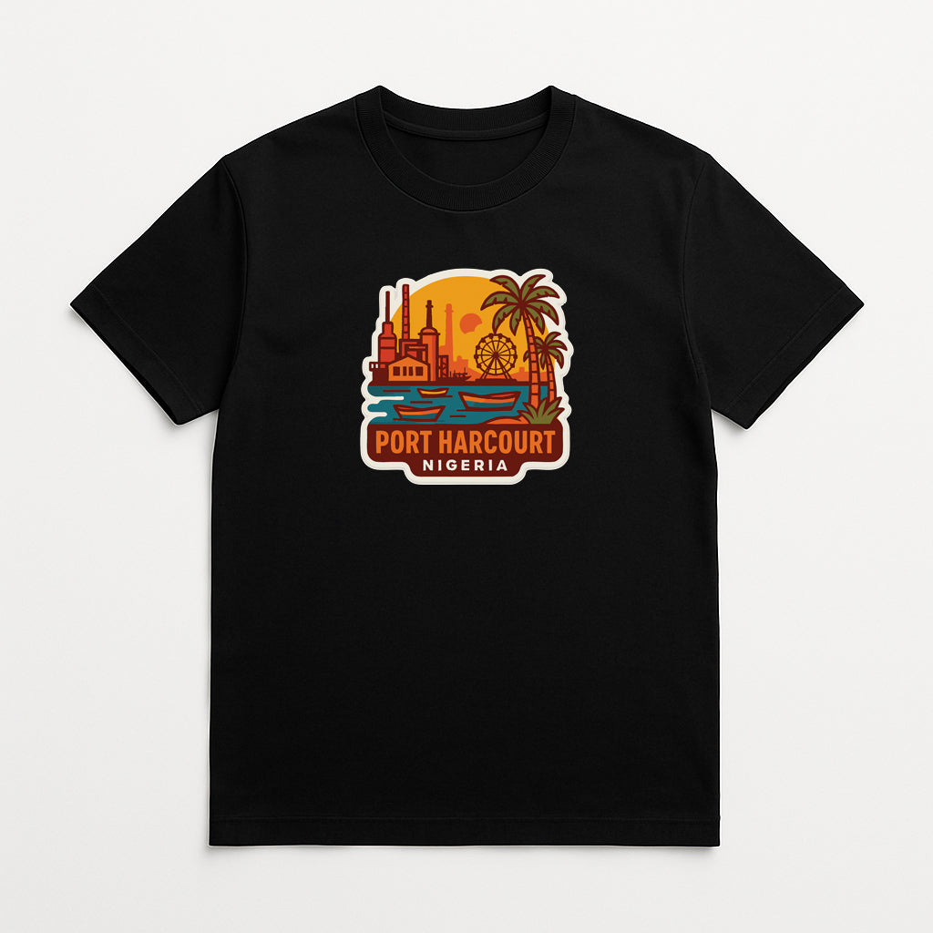 A black t-shirt with a graphic design depicting a city skyline and palm trees, along with the text "PORT HARcourt NIGERIA".