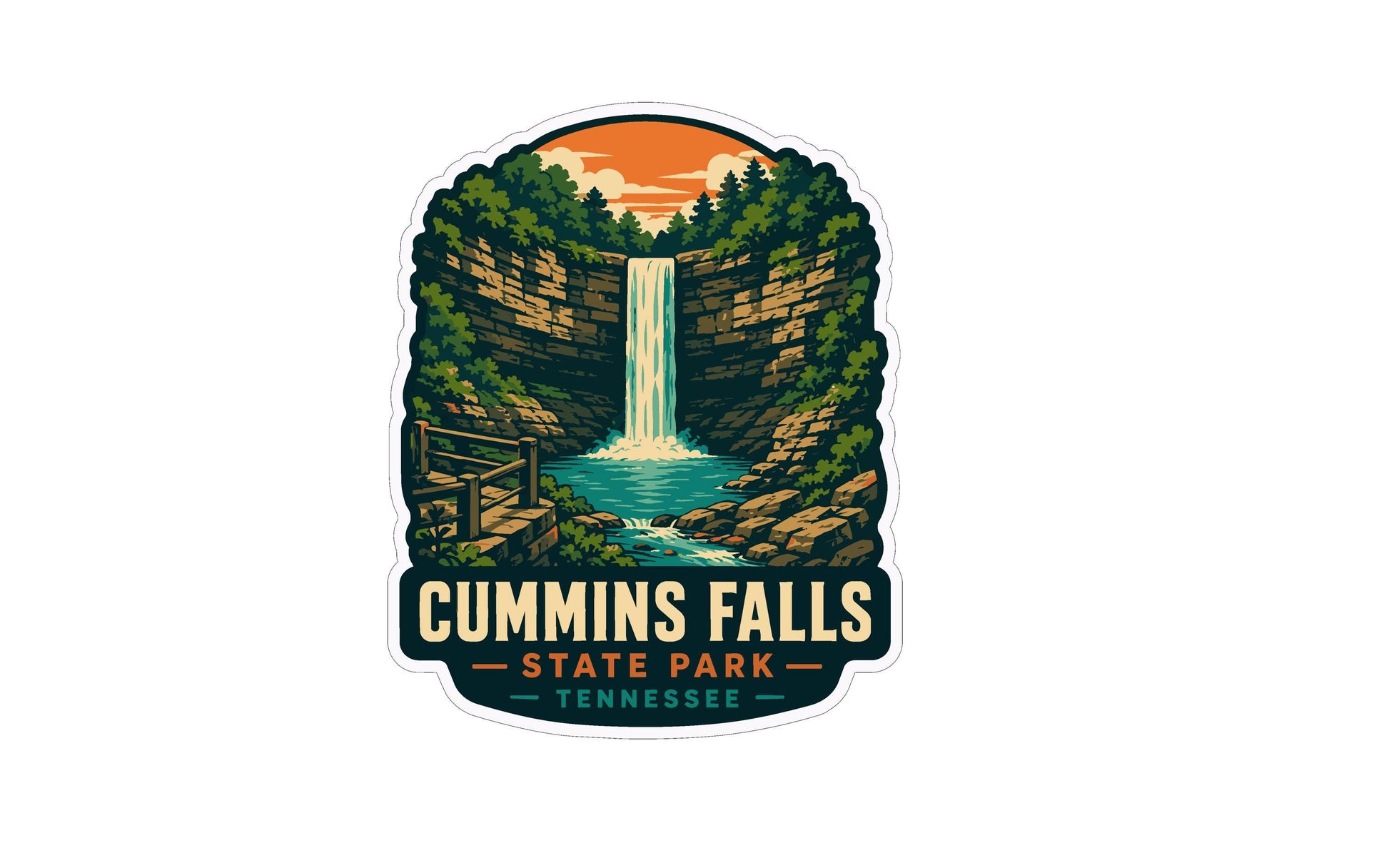 A sticker depicting a scenic landscape with a waterfall, surrounded by trees and mountains. The text "CUMMINGS FALLS STATE PARK TENNESSEE" is prominently displayed, indicating the location of the landmark.