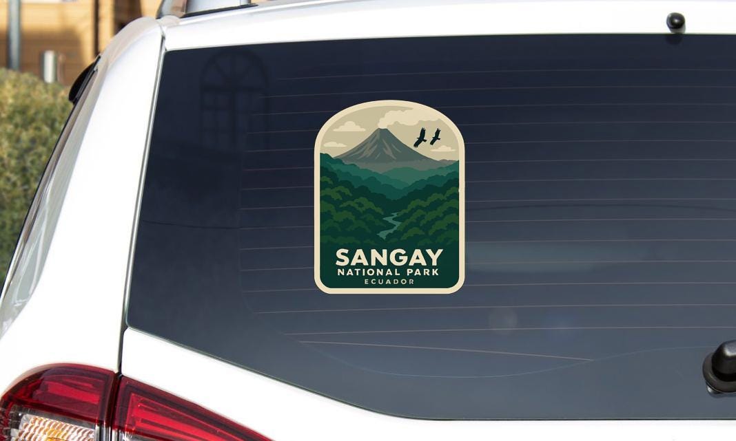 A sticker on the rear window of a car that says "Sangay National Park Ecuador".