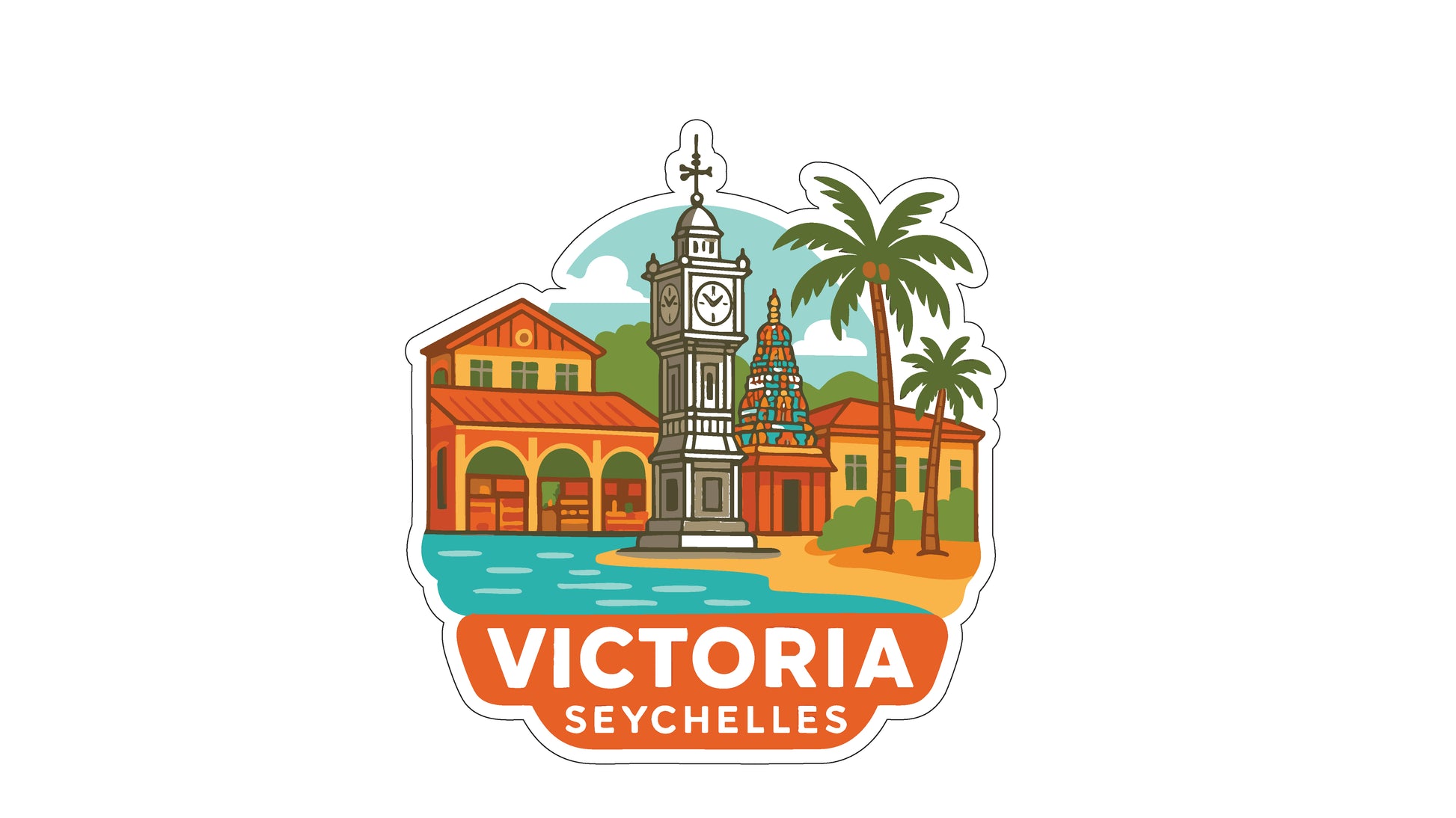 a colorful illustration of a cityscape with a clock tower, palm trees, and buildings, along with the text "VICTORIA SEYCHELLES".