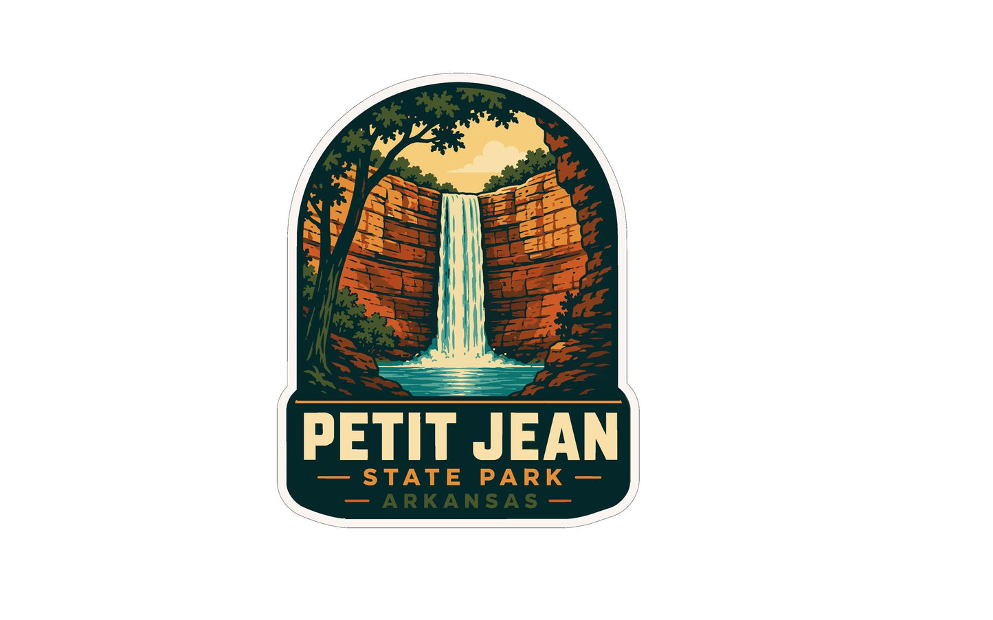 A sticker depicting a waterfall surrounded by trees and rocks, with the text "PETIT JEAN STATE PARK ARKANSAS" below it.