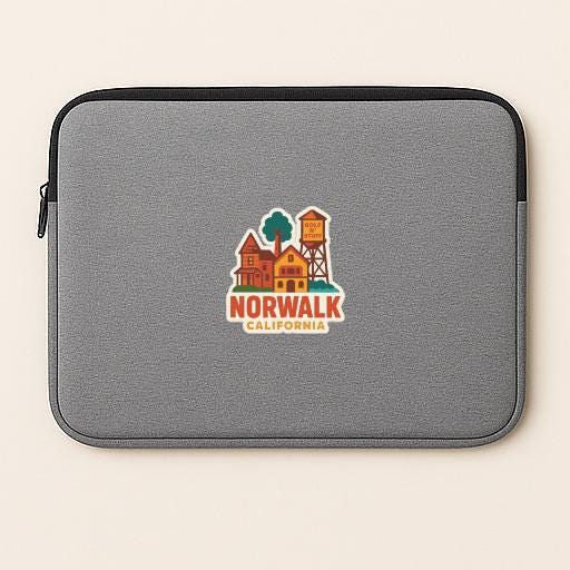 A gray laptop sleeve with a logo of Norwalk, California.
