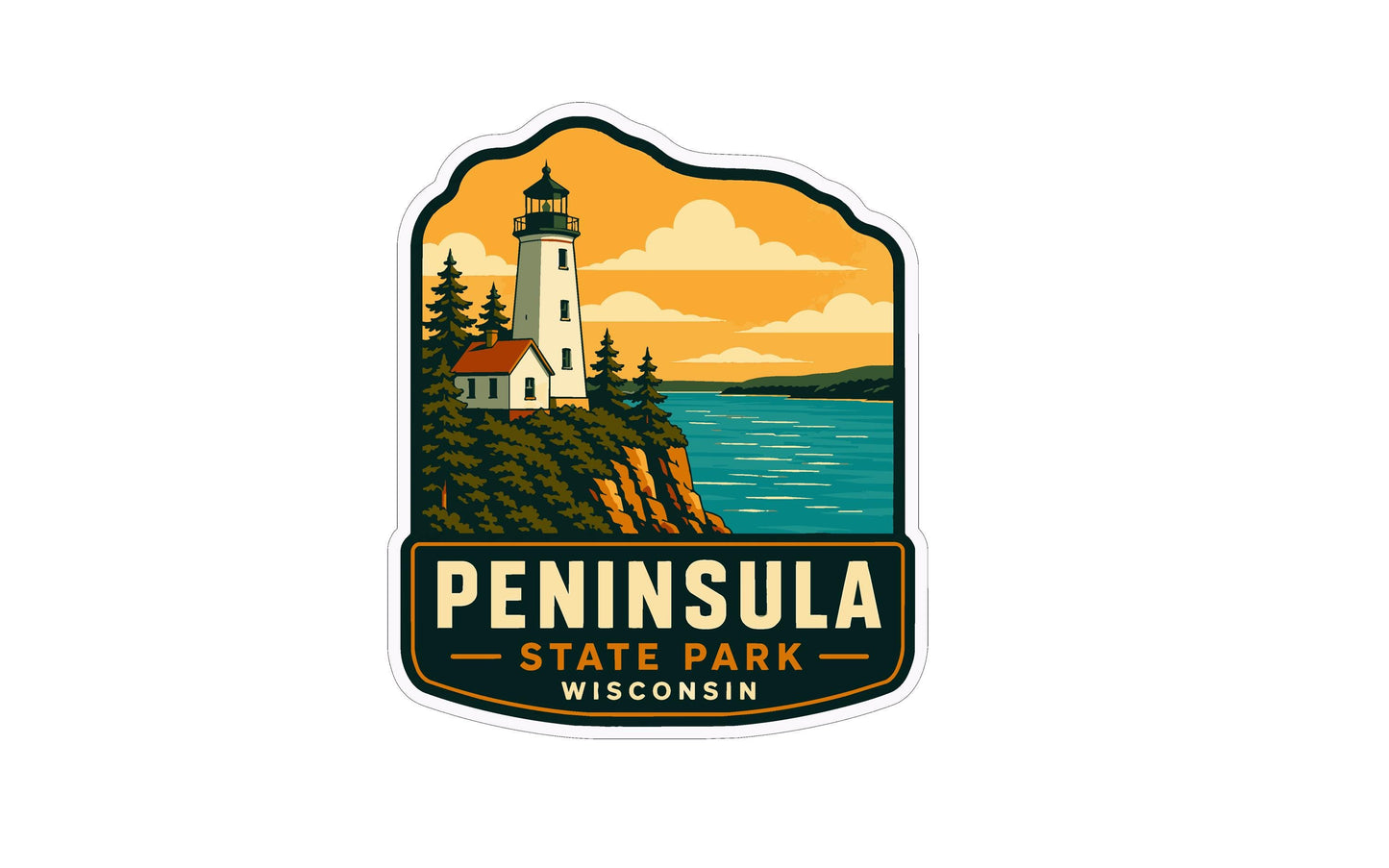 A sticker or emblem featuring a lighthouse on a cliff overlooking a body of water, with the text "PENINSULA STATE PARK WISCONSIN" prominently displayed.