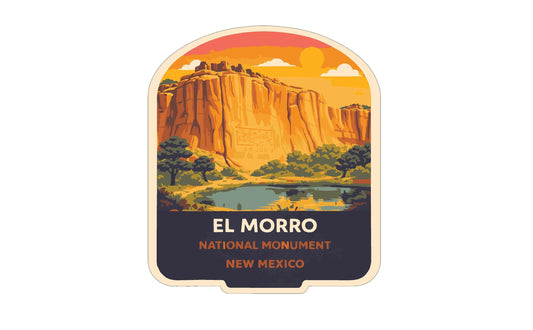 a sticker or label with an illustration of a mountain landscape, including a lake and trees. The text on the sticker reads "EL MORRO NATIONAL MONUMENT NEW MEXICO".
