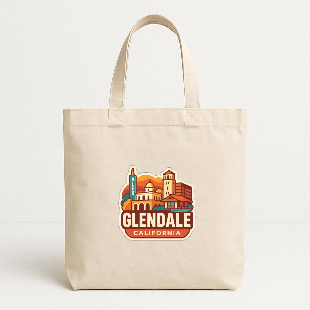 A beige tote bag with a graphic design featuring the city of Glendale, California.