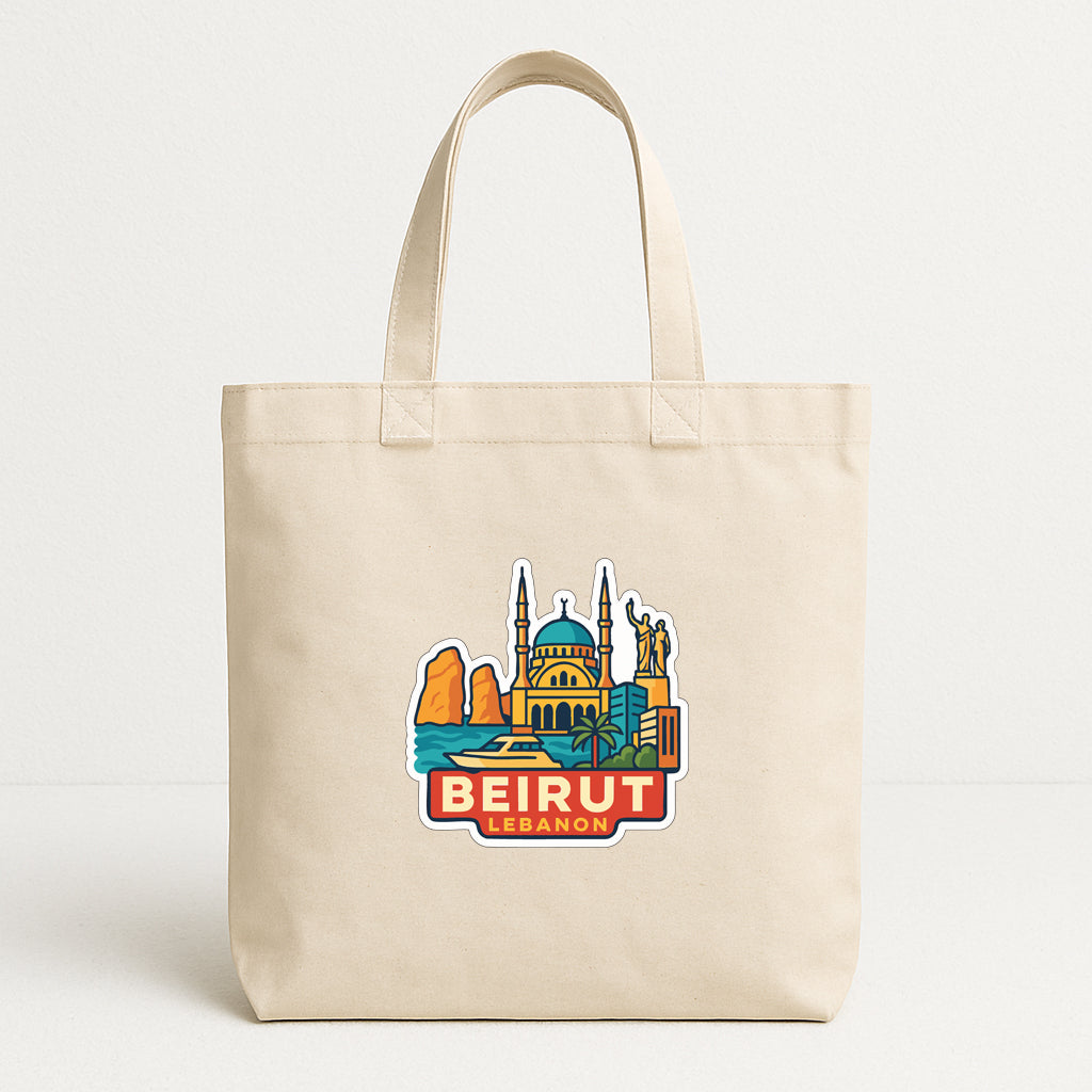 A beige tote bag with a printed design depicting the skyline and landmarks of Beirut, Lebanon.