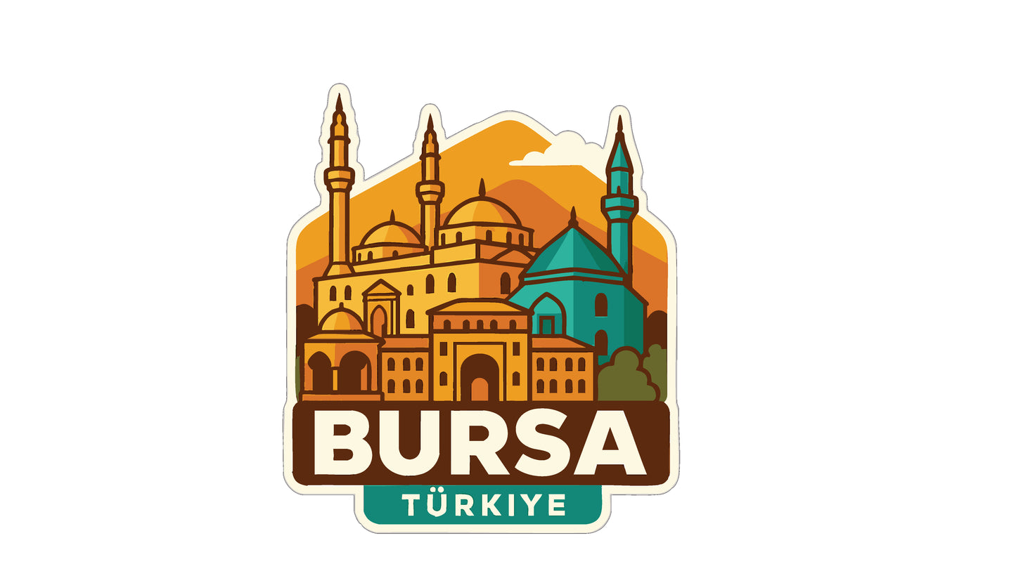 a sticker or logo with a stylized illustration of a city skyline, including multiple domes and minarets, along with the text "BURSA TÜRKİYE".