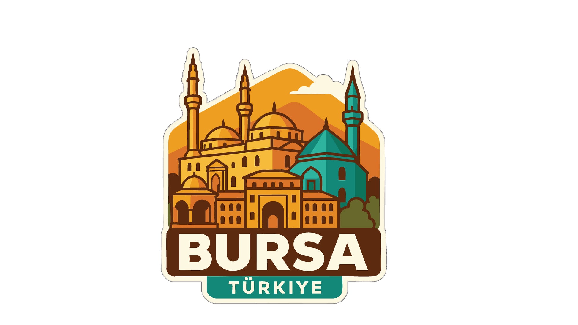 a sticker or logo with a stylized illustration of a city skyline, including multiple domes and minarets, along with the text "BURSA TÜRKİYE".