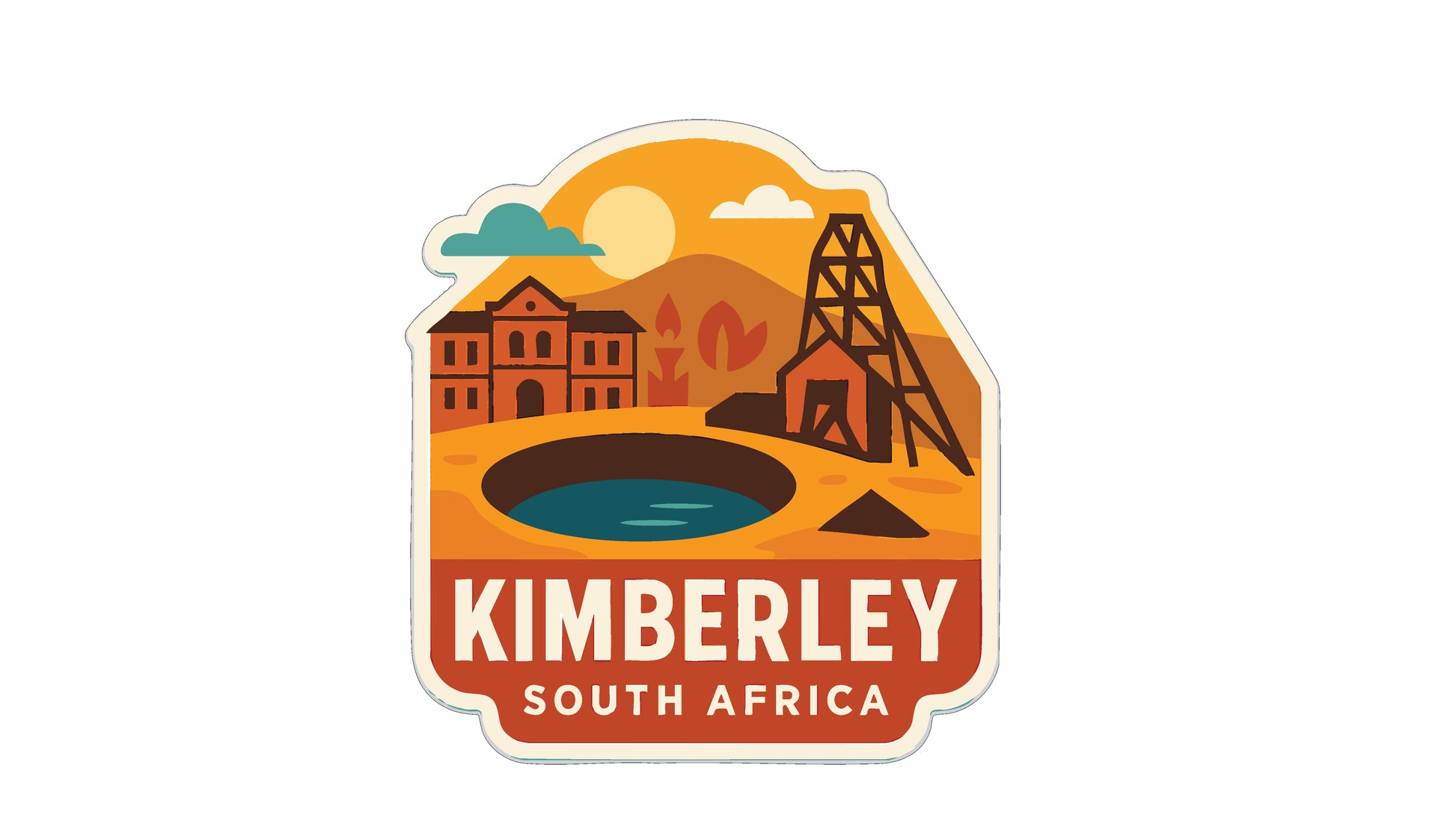 a colorful sticker or emblem with a stylized illustration of a town or city, including buildings, a river, and a bridge.