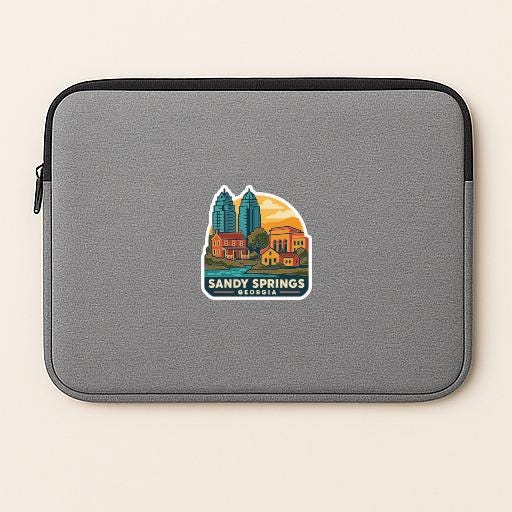 A gray laptop sleeve with a sticker depicting the scenic town of Sandy Springs, Georgia.