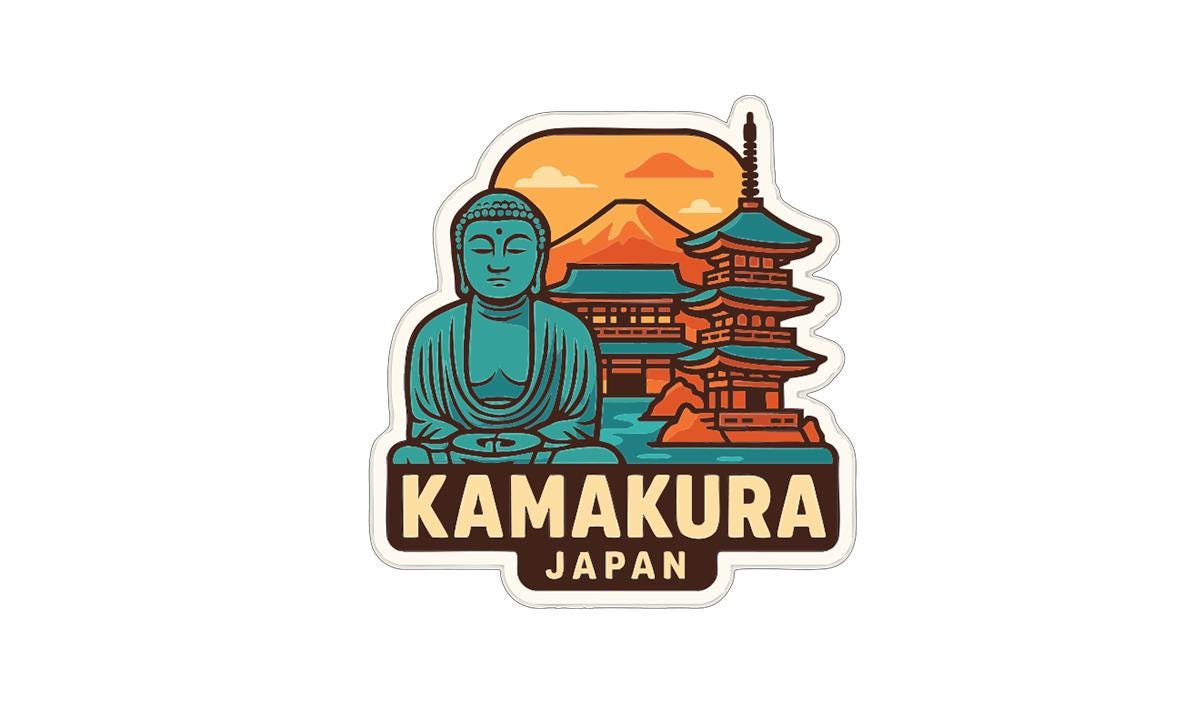 A sticker depicting a Buddha statue in front of a pagoda, with the text "KAMAKURA JAPAN" below.