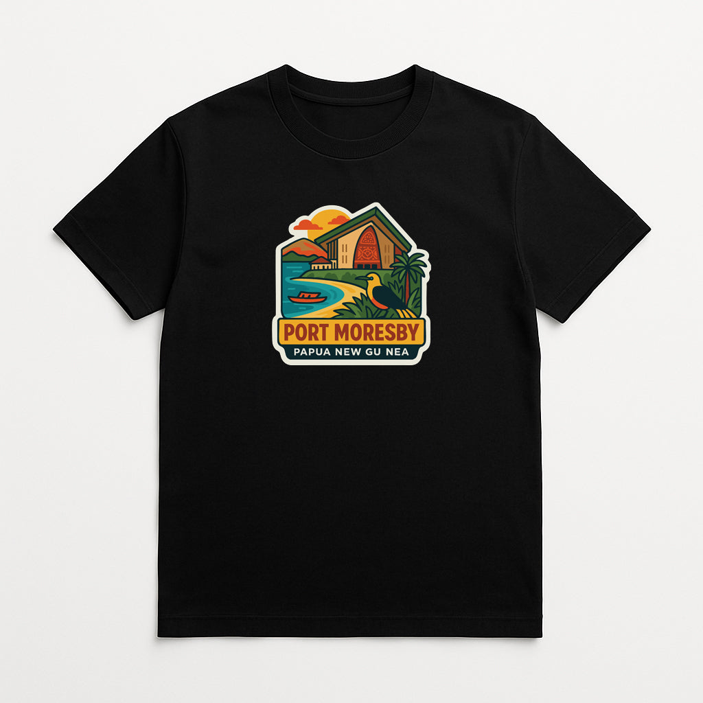 A black t-shirt with a colorful graphic design depicting a tropical beach scene, including a house, palm trees, and a sunset.