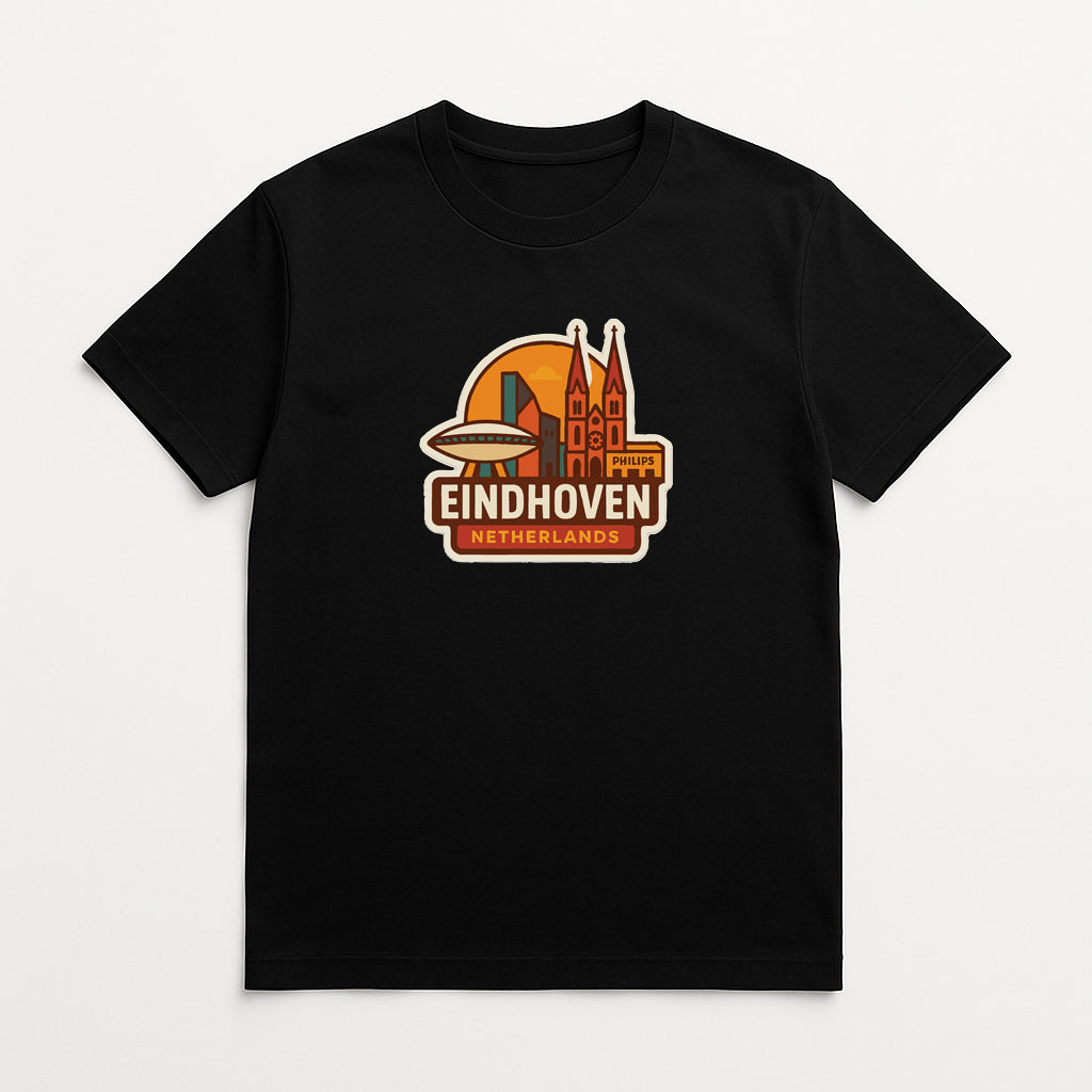 A black t-shirt with a graphic design featuring the Eindhoven, Netherlands, logo.