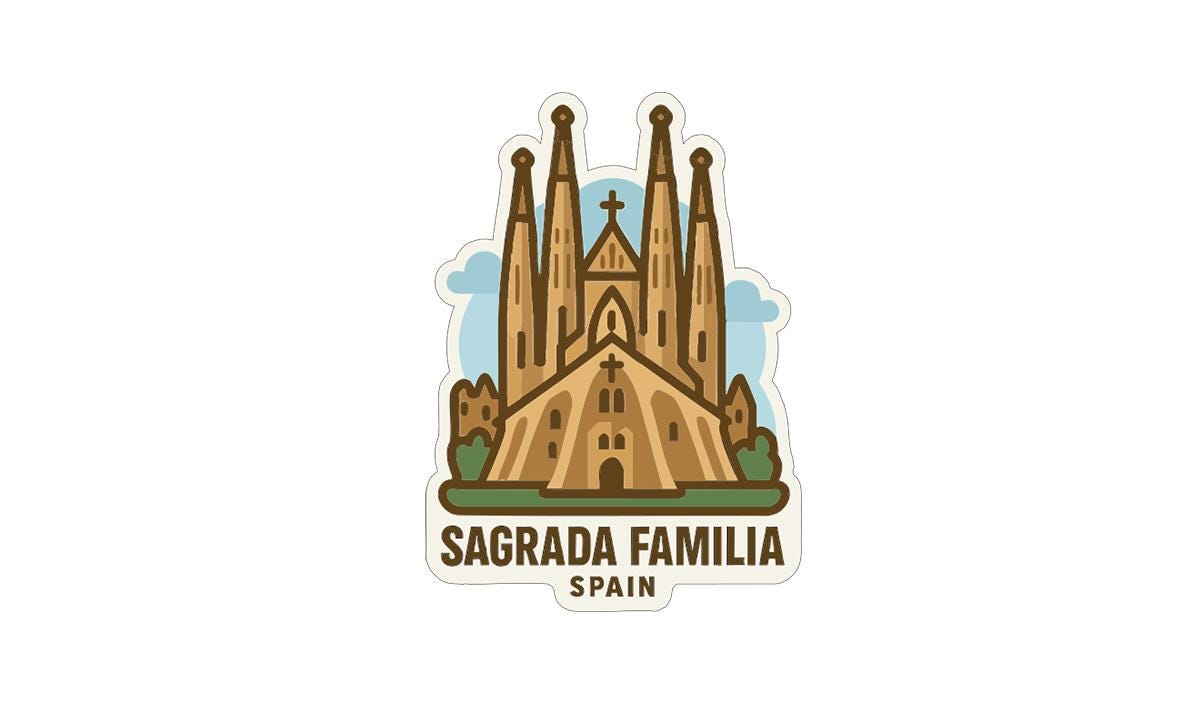 A sticker depicting the Sagrada Familia, a famous Roman Catholic church in Barcelona, Spain.