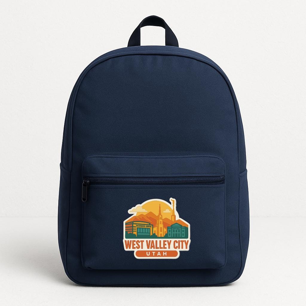 A navy blue backpack with a graphic of West Valley City, Utah, printed on it.